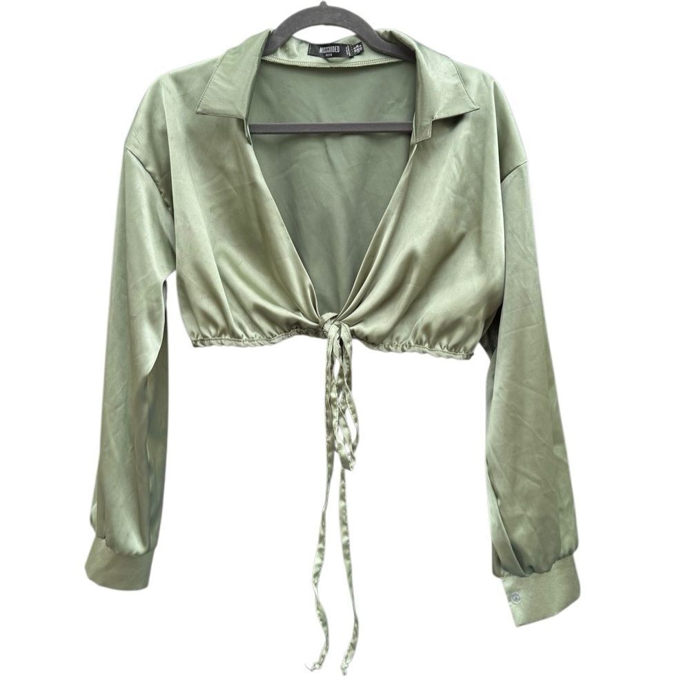 Missguided Women's Green Satin Style Collar Cropped Blouse Size 4